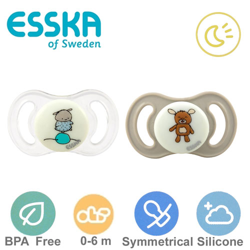 Esska Happy mini GLOW nappar, symmetriska, silikon stl.1